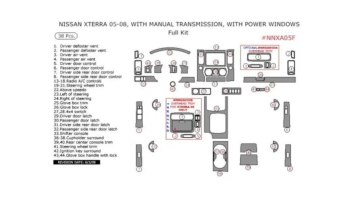 Nissan Xterra 2005-2008 full interior dash kit, Manual, With Power