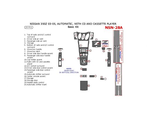 Nissan 350Z 2003-2005 basic interior dash kit, Automatic, With CD and Cassette Player, 20 Pcs.