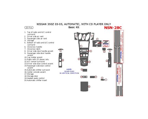 Nissan 350Z 2003-2005 basic interior dash kit, Automatic, With CD Player Only, 20 Pcs.