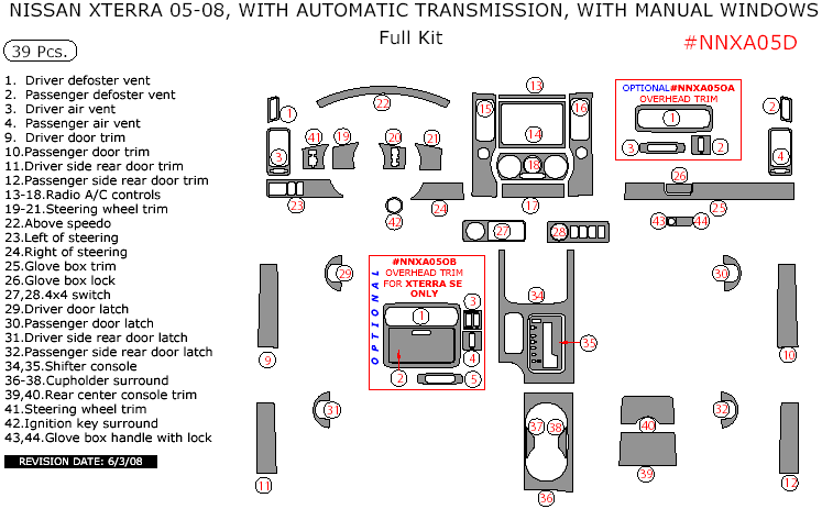 Nissan Xterra 2005-2008 full interior dash kit, Automatic, With